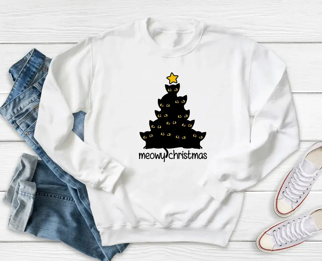 Yellow Christmas Tree Print Sweatshirt Meowy