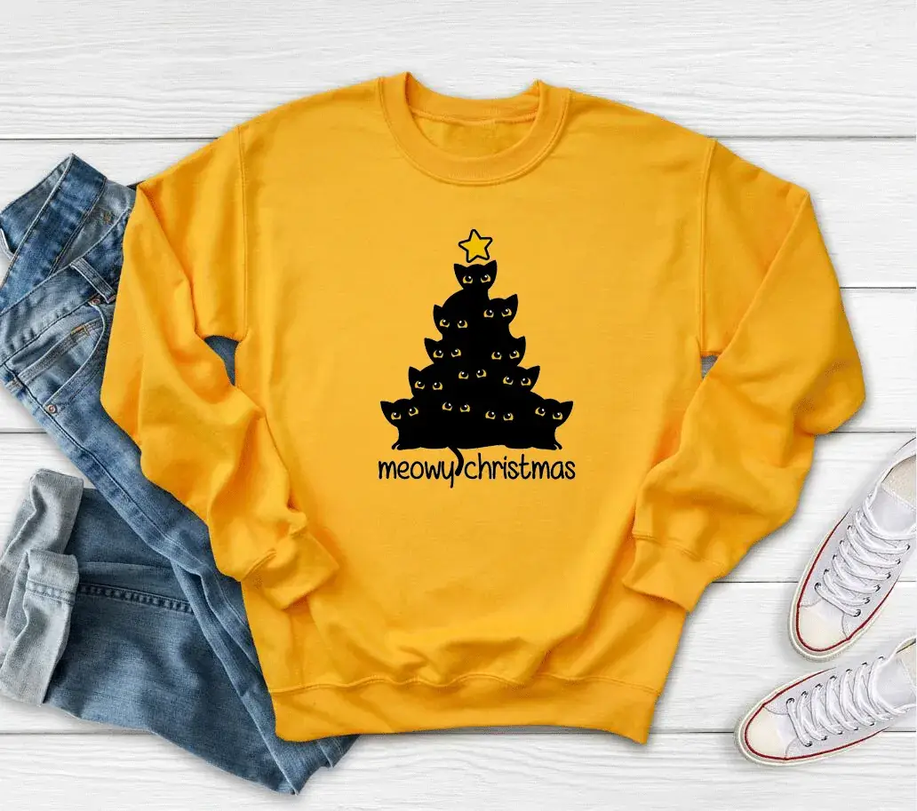 Yellow Christmas Tree Print Sweatshirt Meowy