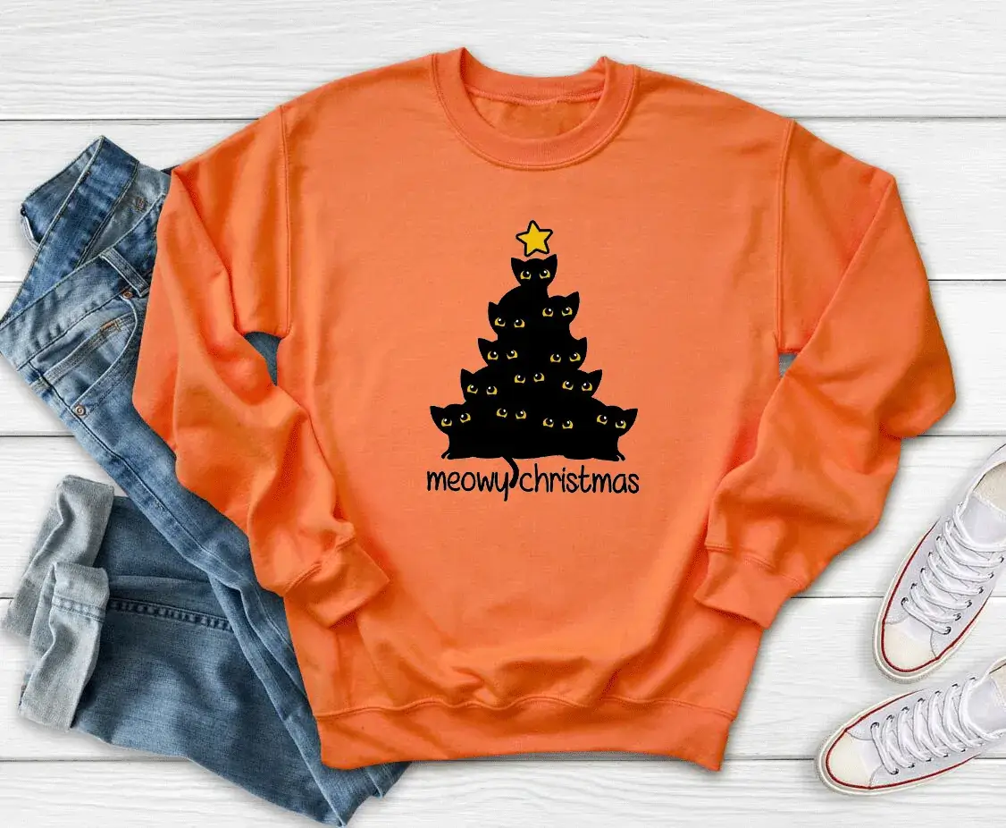 Yellow Christmas Tree Print Sweatshirt Meowy