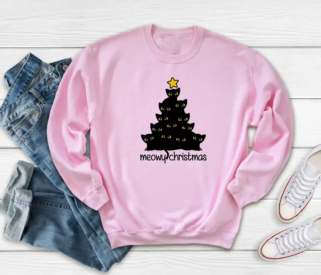 Yellow Christmas Tree Print Sweatshirt Meowy