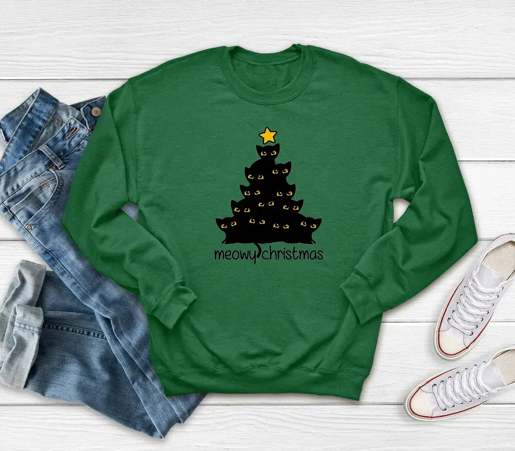 Yellow Christmas Tree Print Sweatshirt Meowy