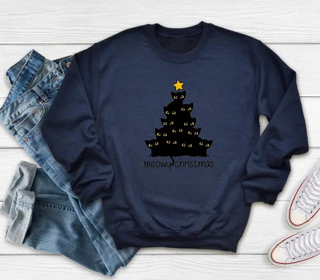 Yellow Christmas Tree Print Sweatshirt Meowy