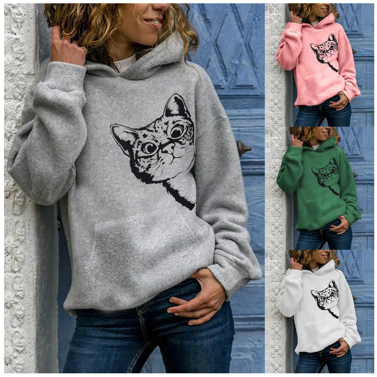 Gray Hooded Sweatshirt with Cat Print Long Sleeve - Image 5
