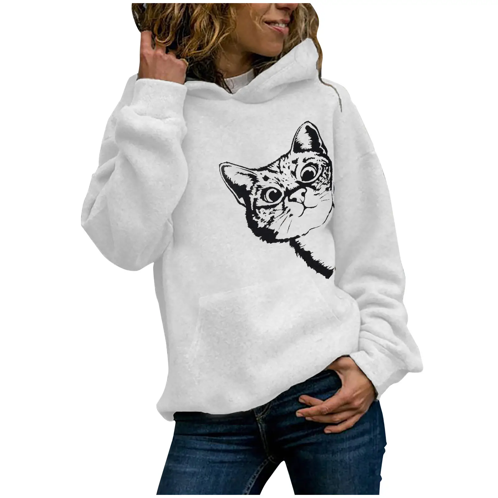 Gray Hooded Sweatshirt with Cat Print Long Sleeve - Image 6