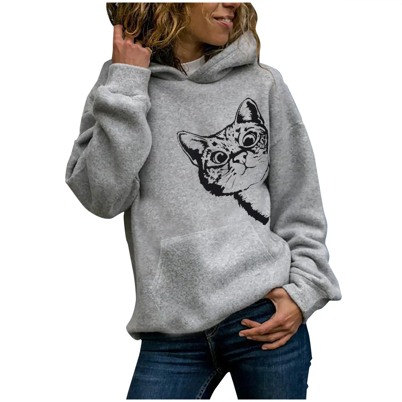 Gray Hooded Sweatshirt with Cat Print Long Sleeve - Image 7