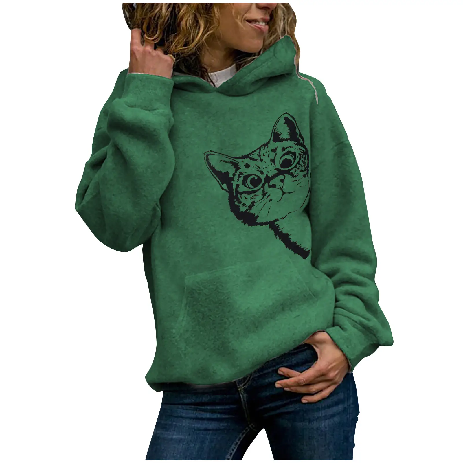 Gray Hooded Sweatshirt with Cat Print Long Sleeve - Image 8
