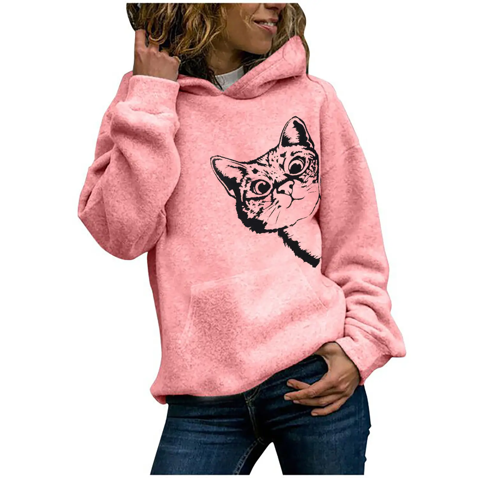 Gray Hooded Sweatshirt with Cat Print Long Sleeve - Image 9