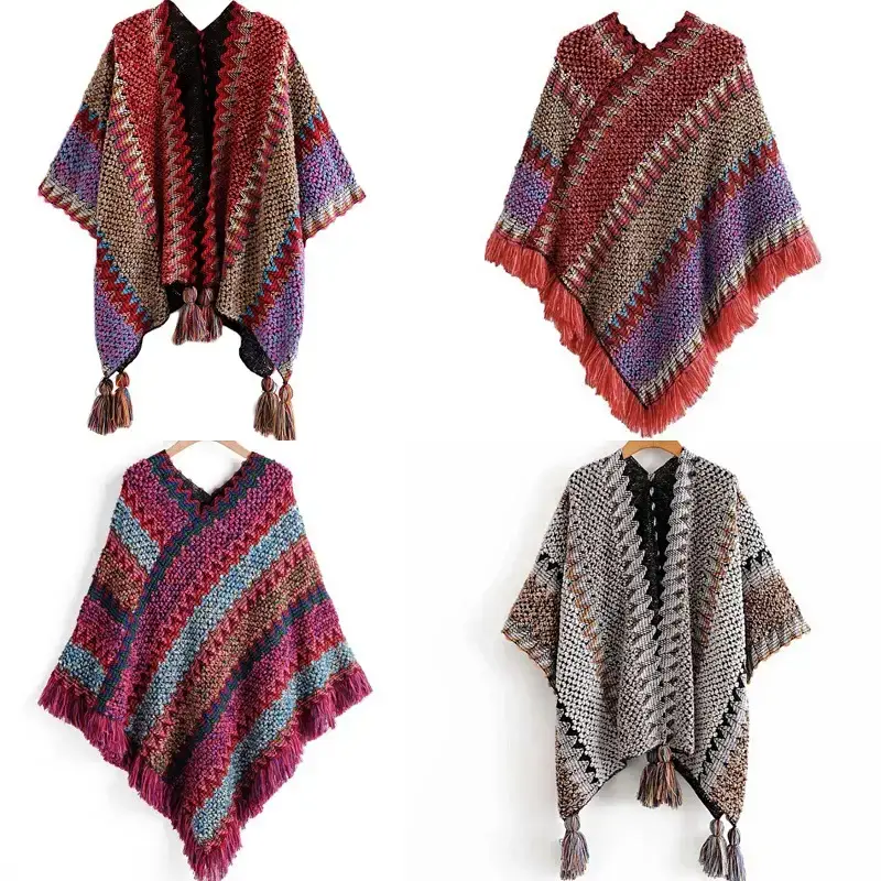 New Ethnic Style Shawl Pullover Tassel Cardigan Knitwear Colorfulful Loose Retro Style Stripesd Knitwear Cape Jacket - Image 34