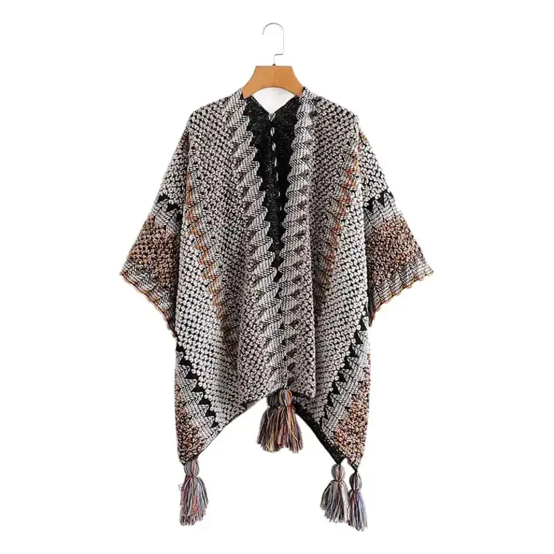 New Ethnic Style Shawl Pullover Tassel Cardigan Knitwear Colorfulful Loose Retro Style Stripesd Knitwear Cape Jacket