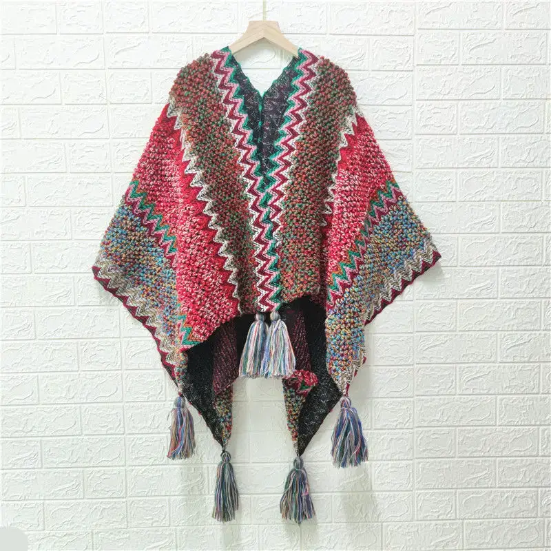 New Ethnic Style Shawl Pullover Tassel Cardigan Knitwear Colorfulful Loose Retro Style Stripesd Knitwear Cape Jacket - Image 3