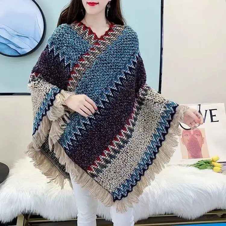 New Ethnic Style Shawl Pullover Tassel Cardigan Knitwear Colorfulful Loose Retro Style Stripesd Knitwear Cape Jacket - Image 30