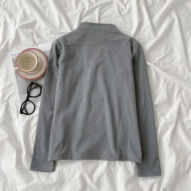 Women Grey Velvet High Collar Long Sleeve Shirt - Image 7
