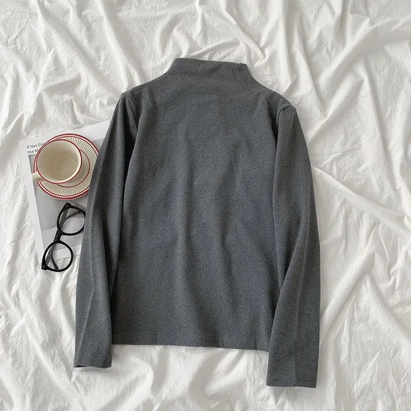 Women Grey Velvet High Collar Long Sleeve Shirt - Image 5