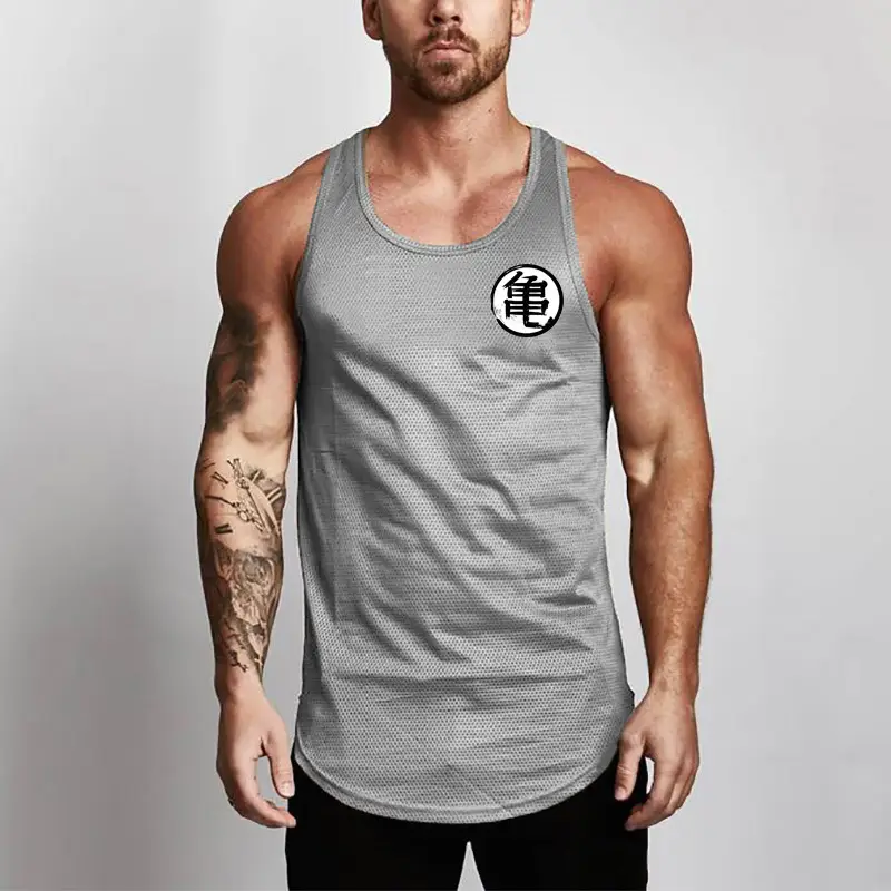 Men's Gray Logo Gym Vest Mesh Fabric Back View - Image 4