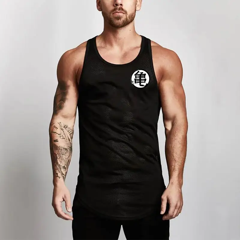 Men's Gray Logo Gym Vest Mesh Fabric Back View - Image 5