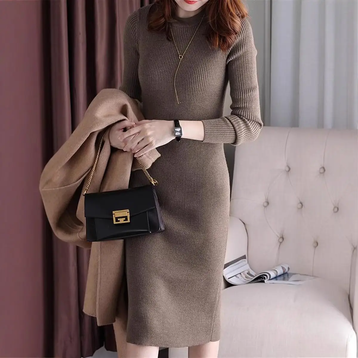 Long-sleeve black dress 2023 Korean Style - Image 4