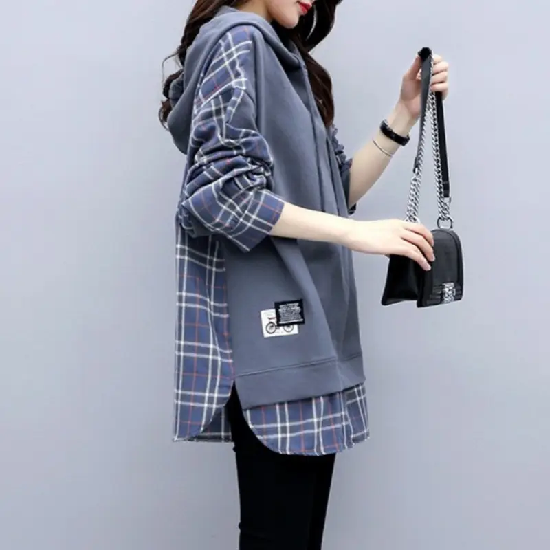 Plus Size Hooded Sweatshirt Set Blue Plaid Loose Fit - Image 3