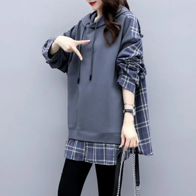Plus Size Hooded Sweatshirt Set Blue Plaid Loose Fit - Image 4