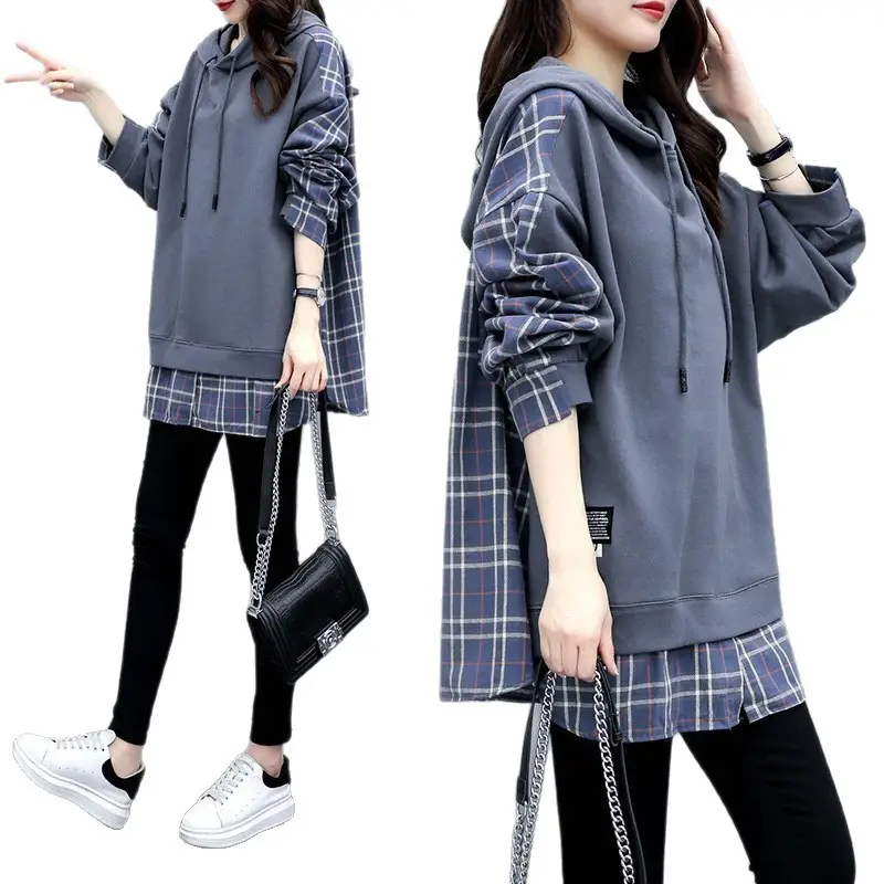 Plus Size Hooded Sweatshirt Set Blue Plaid Loose Fit - Image 5