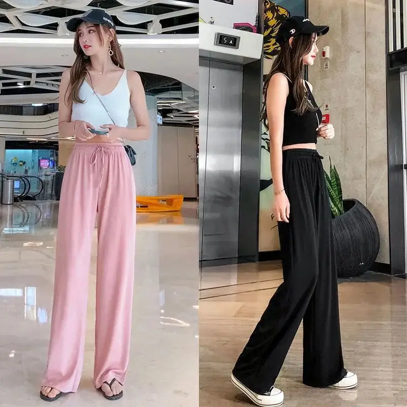 Wide Leg Ice Silk Pants Drawstring Elastic Summer Casual - Image 9