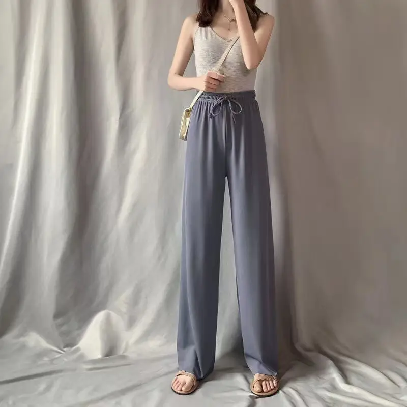 Wide Leg Ice Silk Pants Drawstring Elastic Summer Casual - Image 10