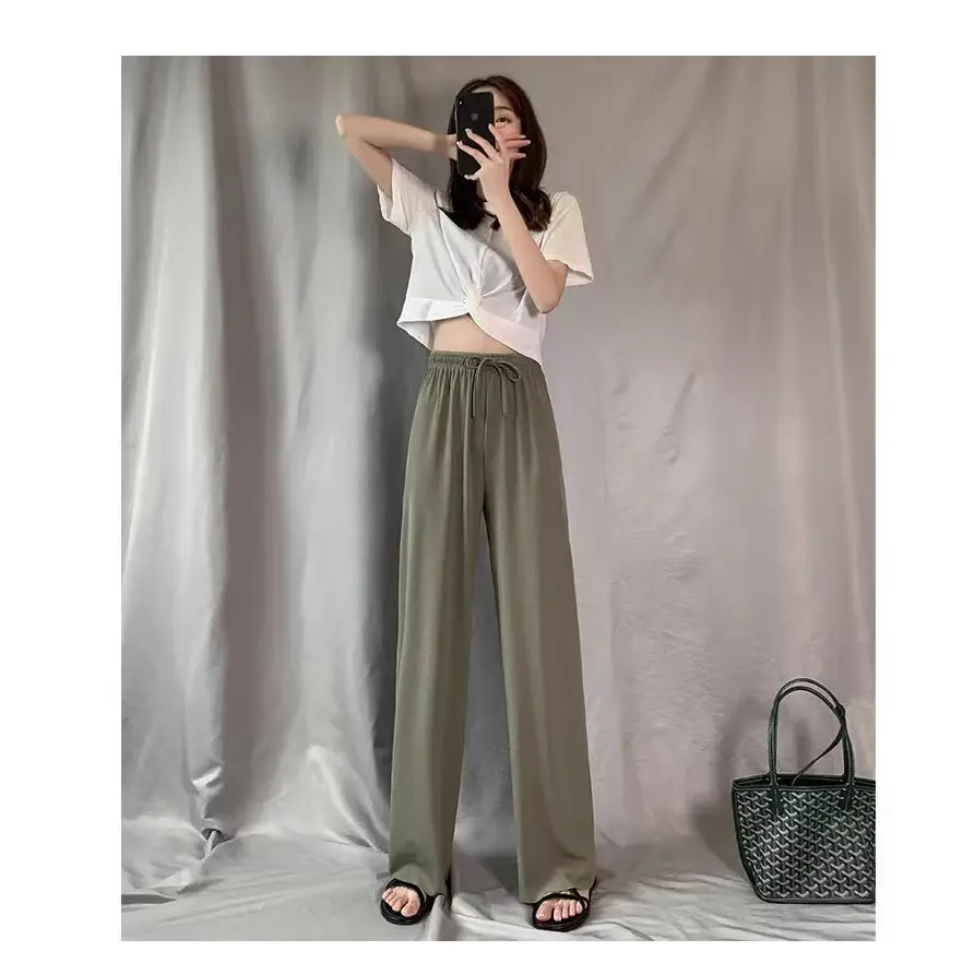 Wide Leg Ice Silk Pants Drawstring Elastic Summer Casual - Image 11