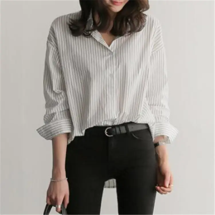 Korean-style Blue Stripe Long Sleeve Shirt Plus Size