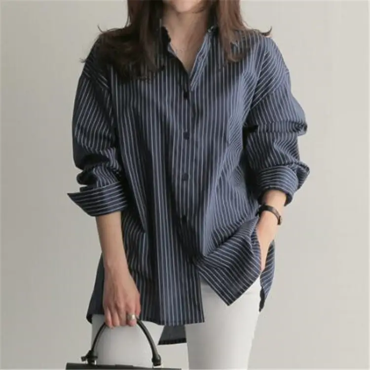 Korean-style Blue Stripe Long Sleeve Shirt Plus Size