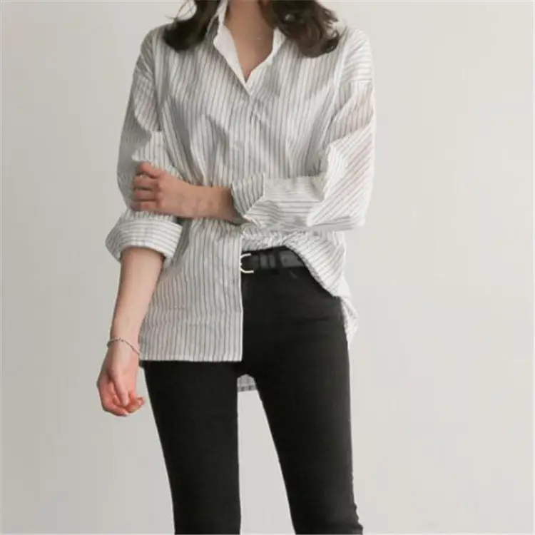 Korean-style Blue Stripe Long Sleeve Shirt Plus Size