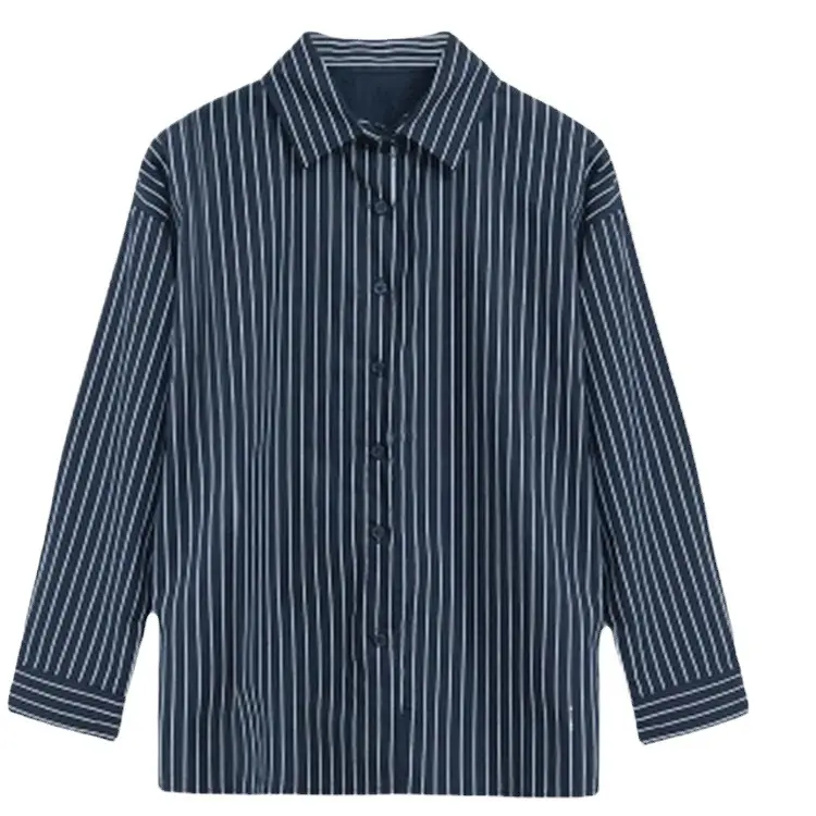 Korean-style Blue Stripe Long Sleeve Shirt Plus Size