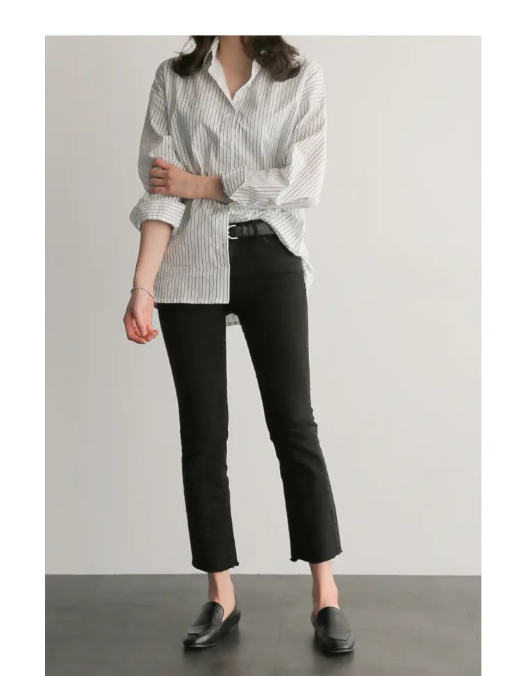 Korean-style Blue Stripe Long Sleeve Shirt Plus Size — feature 10