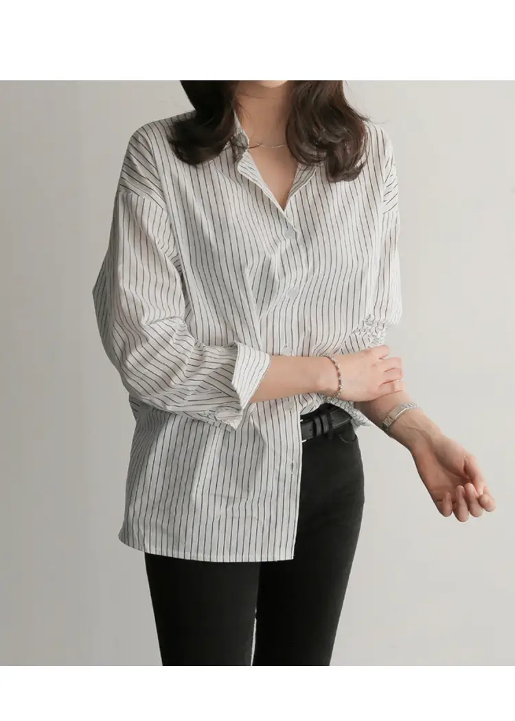 Korean-style Blue Stripe Long Sleeve Shirt Plus Size — feature 11