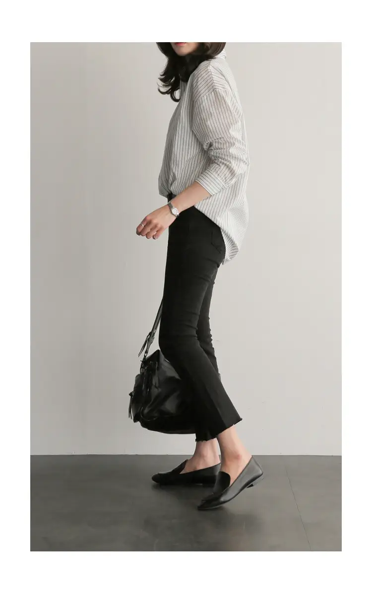 Korean-style Blue Stripe Long Sleeve Shirt Plus Size — feature 12