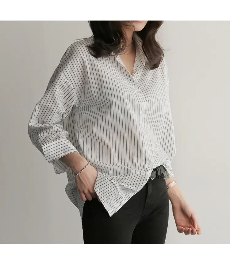 Korean-style Blue Stripe Long Sleeve Shirt Plus Size — feature 13