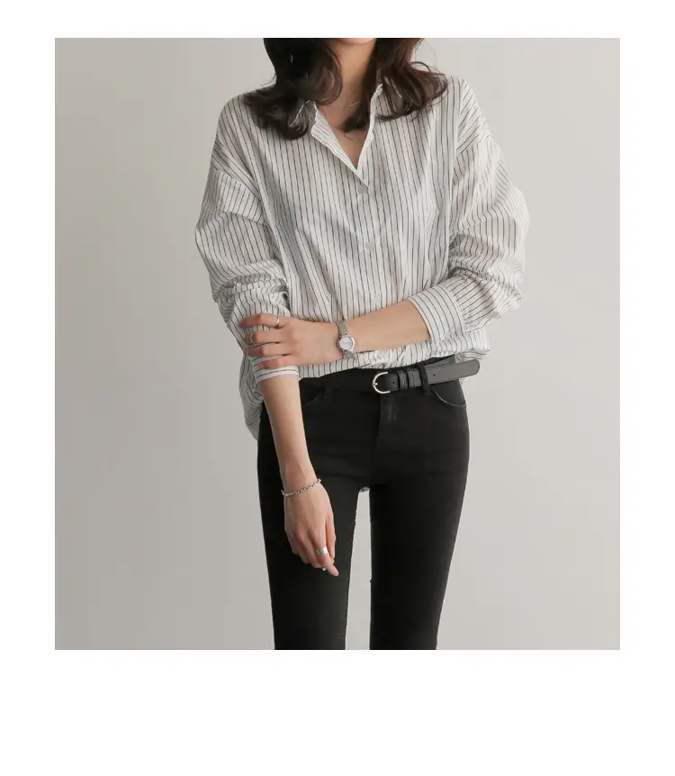 Korean-style Blue Stripe Long Sleeve Shirt Plus Size — feature 14