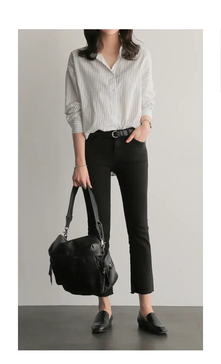 Korean-style Blue Stripe Long Sleeve Shirt Plus Size — feature 15