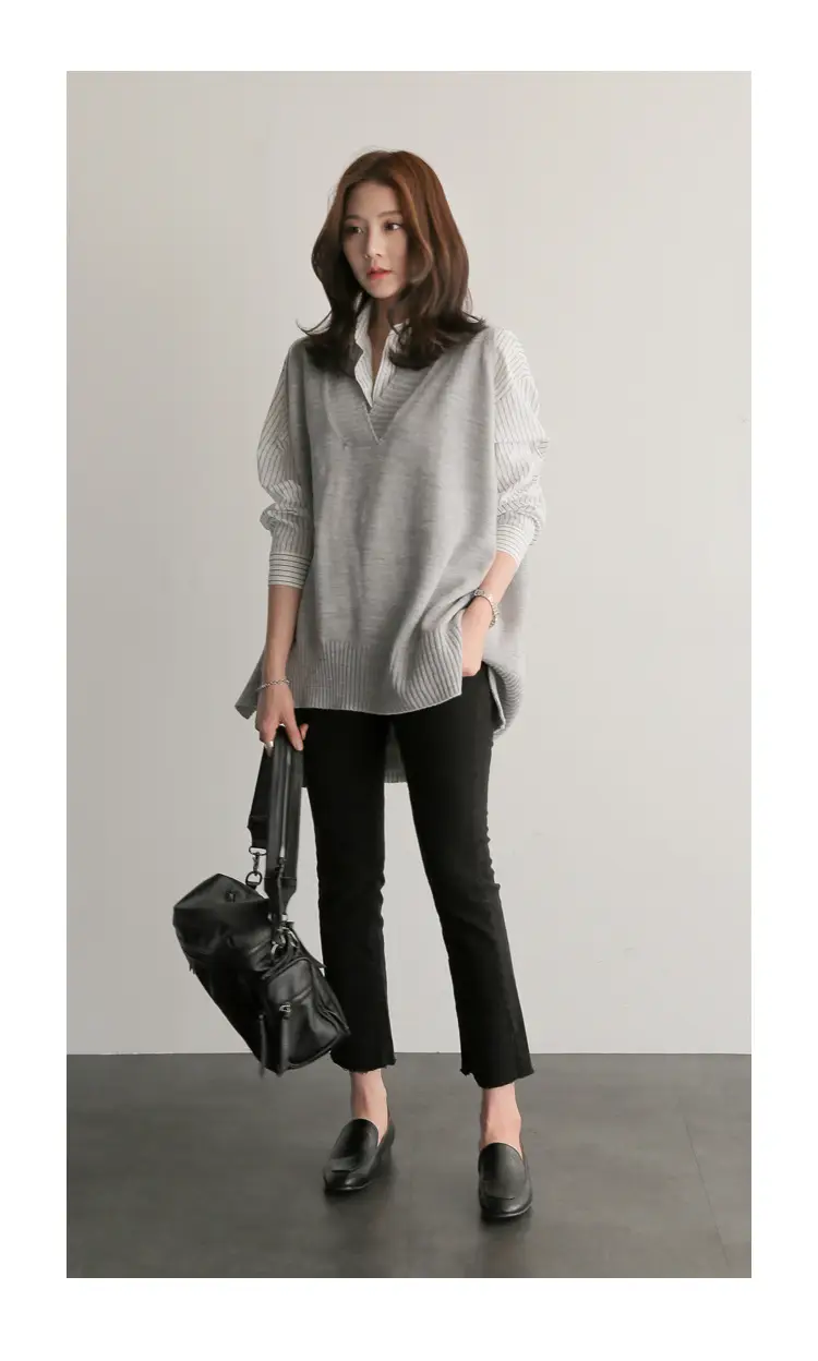 Korean-style Blue Stripe Long Sleeve Shirt Plus Size — feature 16