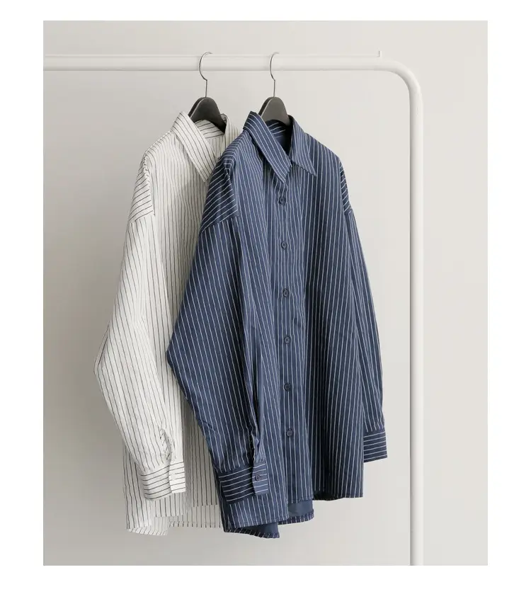 Korean-style Blue Stripe Long Sleeve Shirt Plus Size — feature 17