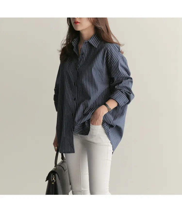 Korean-style Blue Stripe Long Sleeve Shirt Plus Size — feature 3