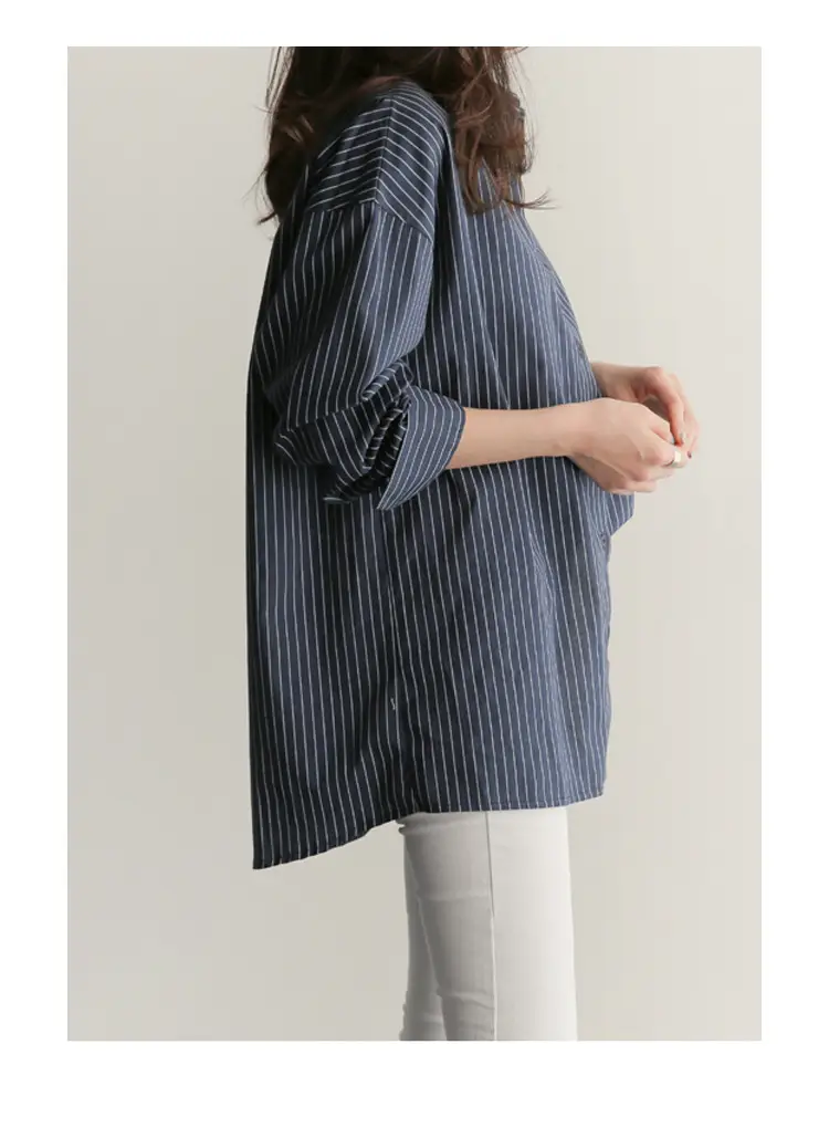 Korean-style Blue Stripe Long Sleeve Shirt Plus Size — feature 4