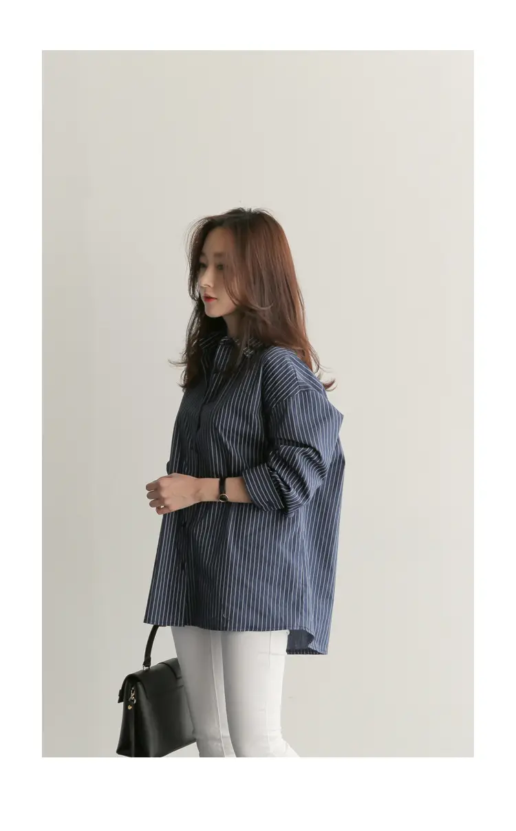 Korean-style Blue Stripe Long Sleeve Shirt Plus Size — feature 5
