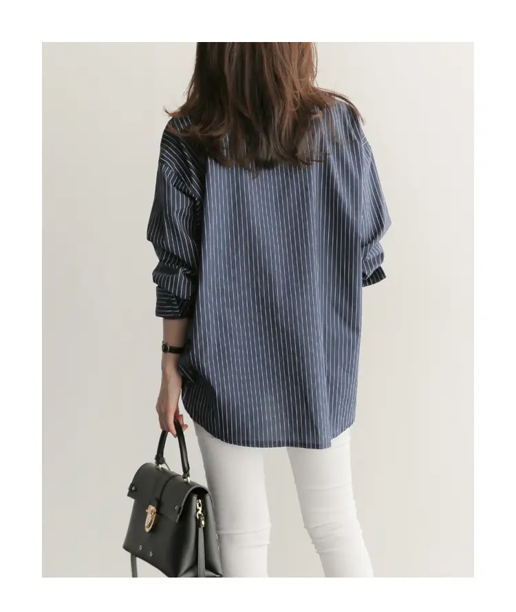 Korean-style Blue Stripe Long Sleeve Shirt Plus Size — feature 7