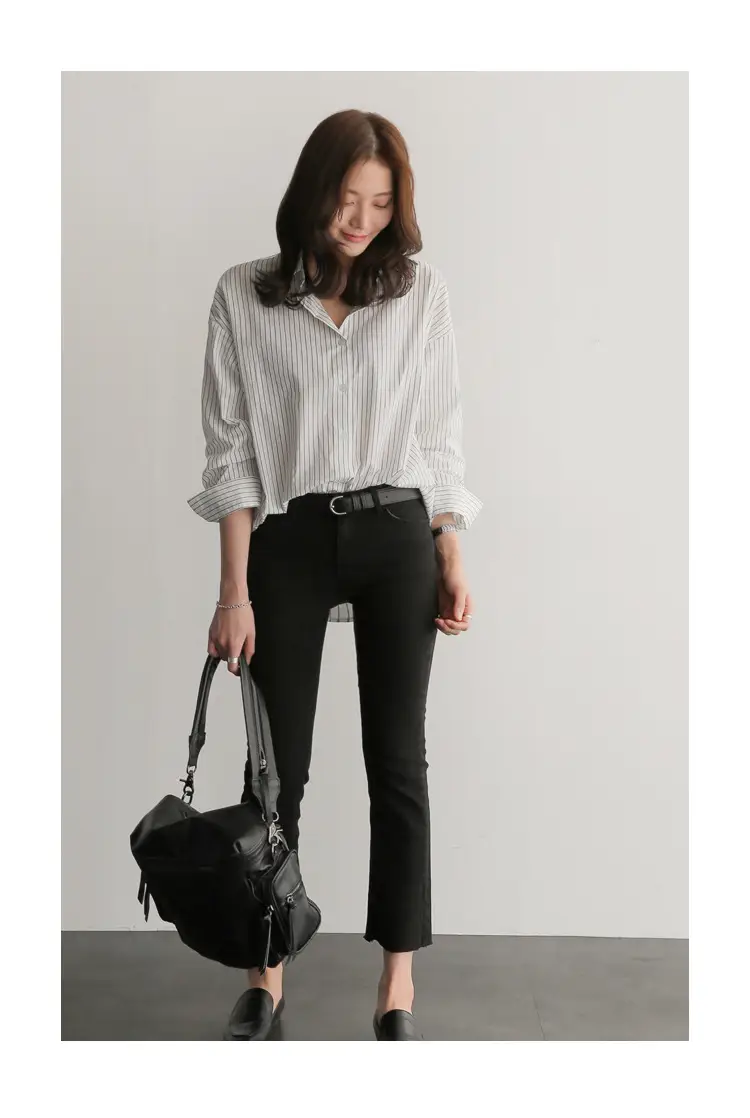 Korean-style Blue Stripe Long Sleeve Shirt Plus Size — feature 9