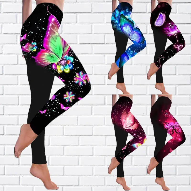 Women's Butterfly Print Sports Leggings Green Black - Image 8