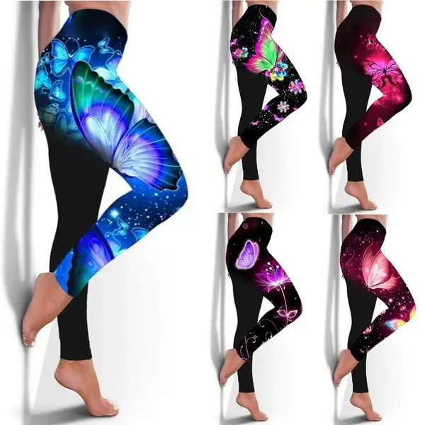 Women's Butterfly Print Sports Leggings Green Black — feature 1
