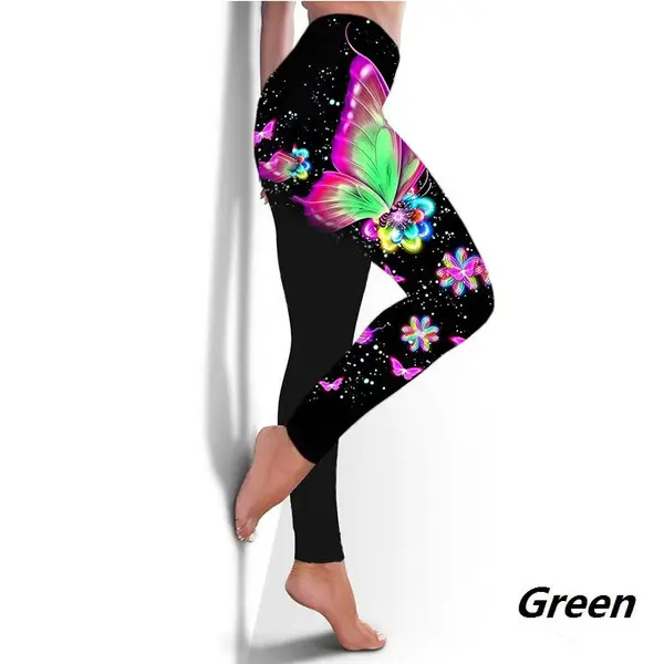 Women's Butterfly Print Sports Leggings Green Black — feature 6