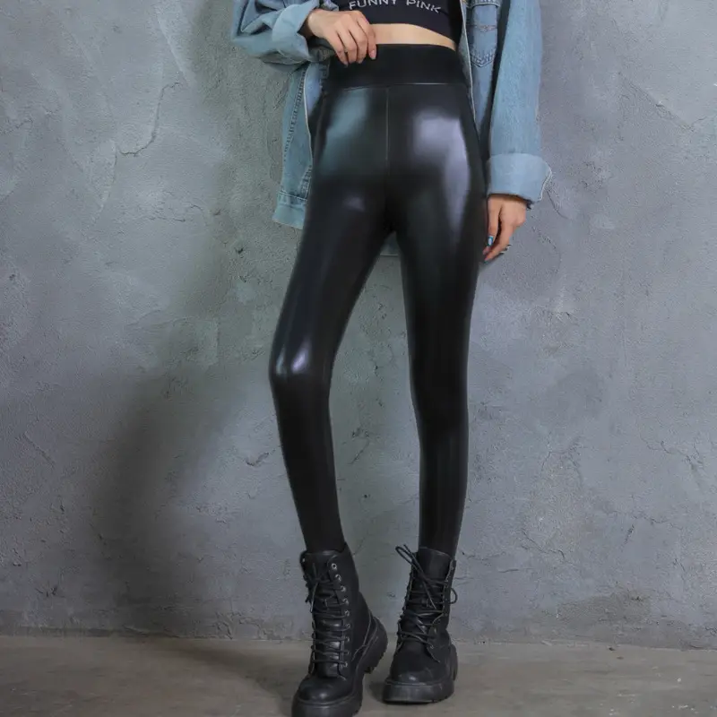 Women Leather Hip Slimming Pants Plus Size Fleece Lined - Image 9