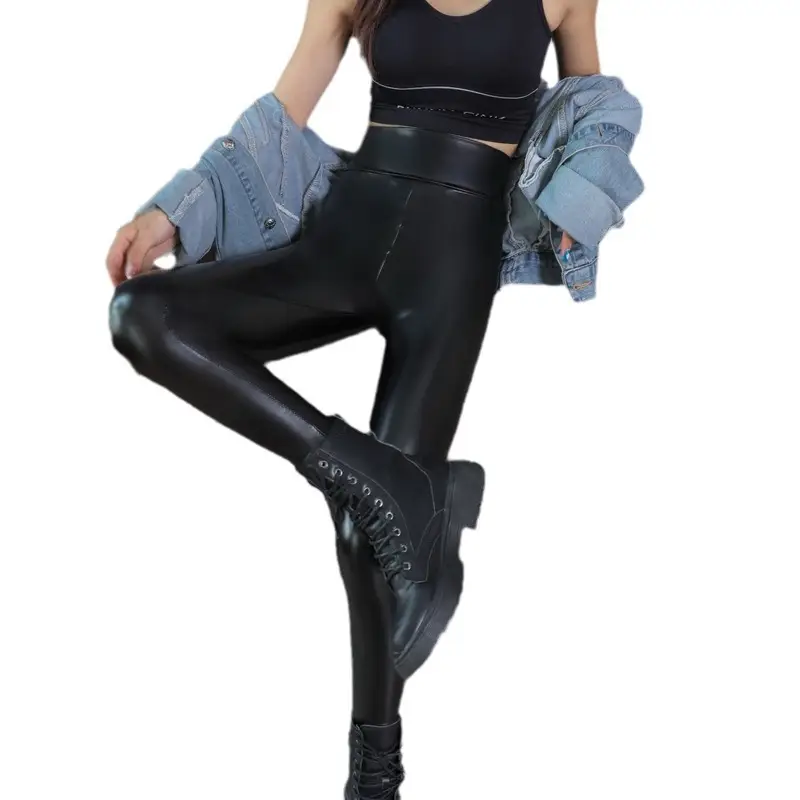 Women Leather Hip Slimming Pants Plus Size Fleece Lined - Image 11
