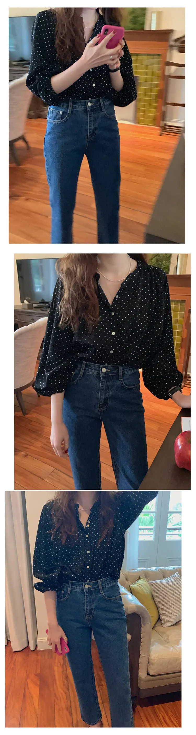Women's Black Polka Dot Chiffon Long Sleeve Shirt — feature 2