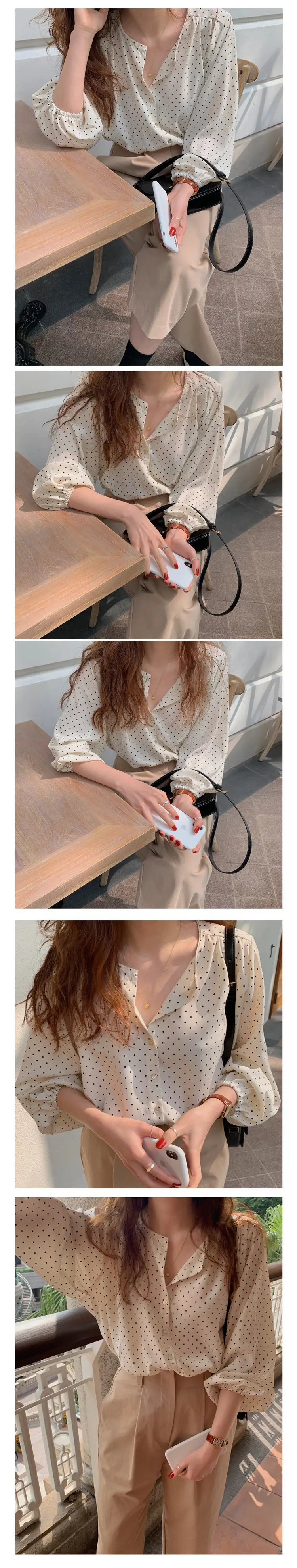 Women's Black Polka Dot Chiffon Long Sleeve Shirt — feature 5